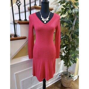 Krimson Klover Red Ribbed Knit Sweater Dress V Neck Long Sleeve Bodycon S Wool